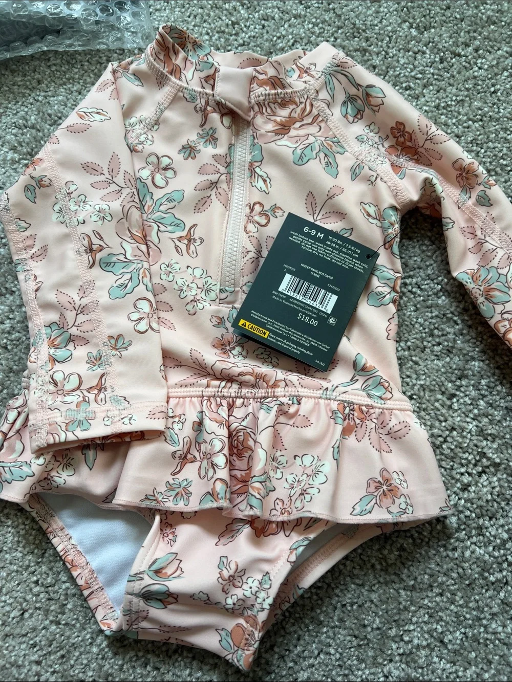 Modex Kids Peach Floral Long-Sleeve One-Piece Swimsuit with Ruffle